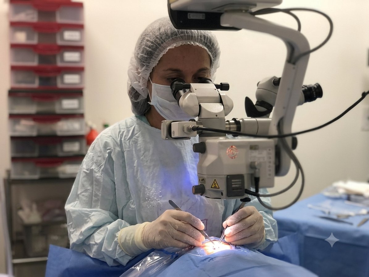 Dra. Mitzy Torres realizando una cirugía oftalmológica con microscopio quirúrgico